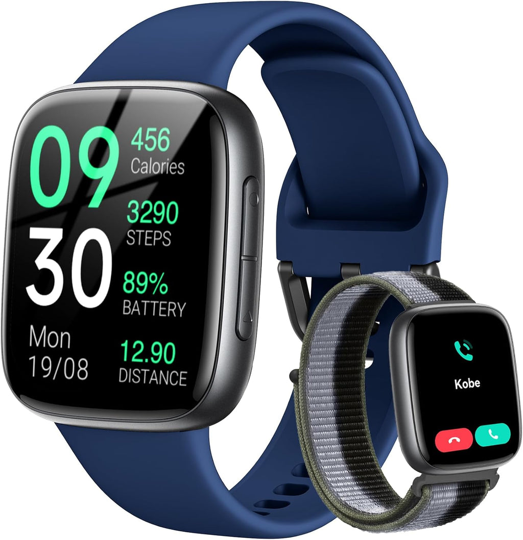 Smart Watch: 1.85" AMOLED CallAnswer, Heart Rate/SpO2, 100+ Sports,3ATM Waterproof, 2 Bands