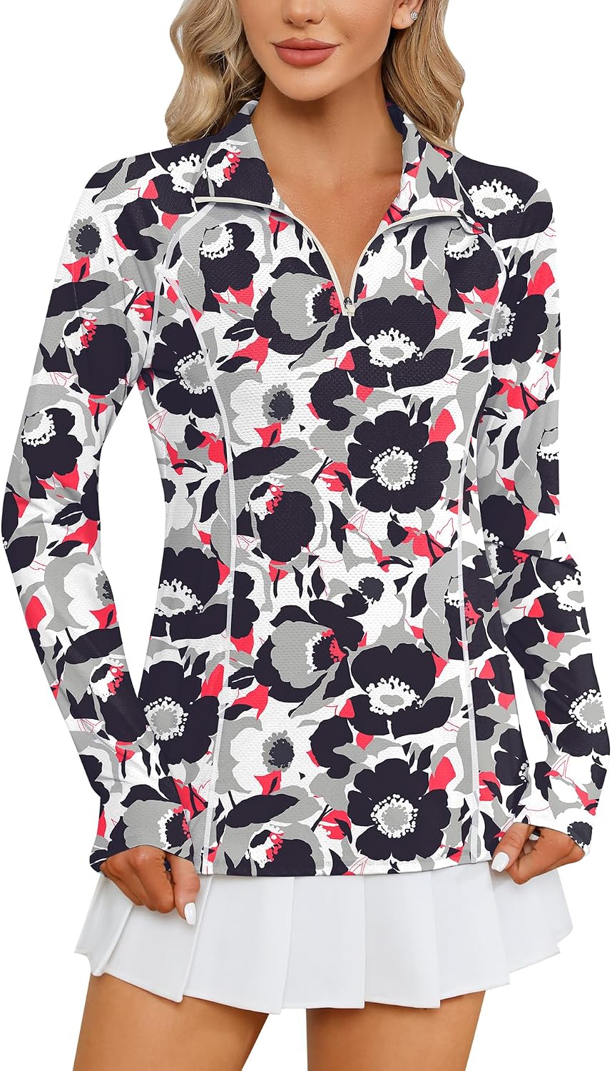 Women Long Sleeve Shirts Sun Protection 1/4 Zip Summer Quick Dry Hiking Shirts Quarter Zip Pullover for Women