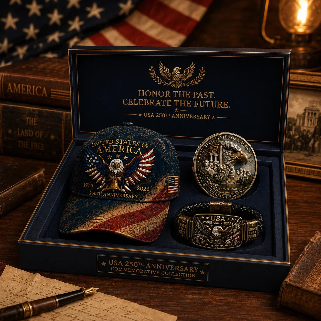 Anniversary Patriotic Eagle 3-Piece Gift Set – Embroidered Cap, Coin & Bracelet